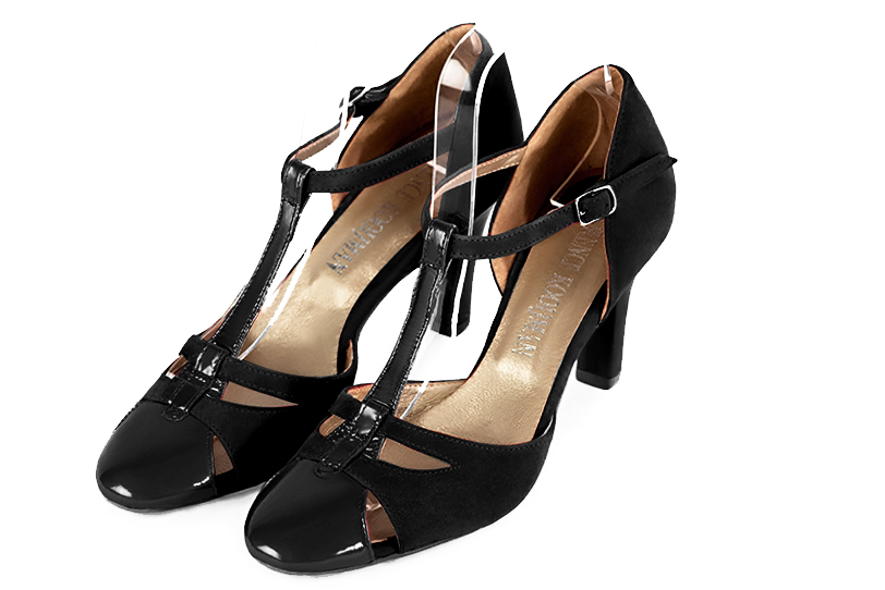 Gloss black women's T-strap open side shoes. Round toe. High kitten heels. Front view - Florence KOOIJMAN